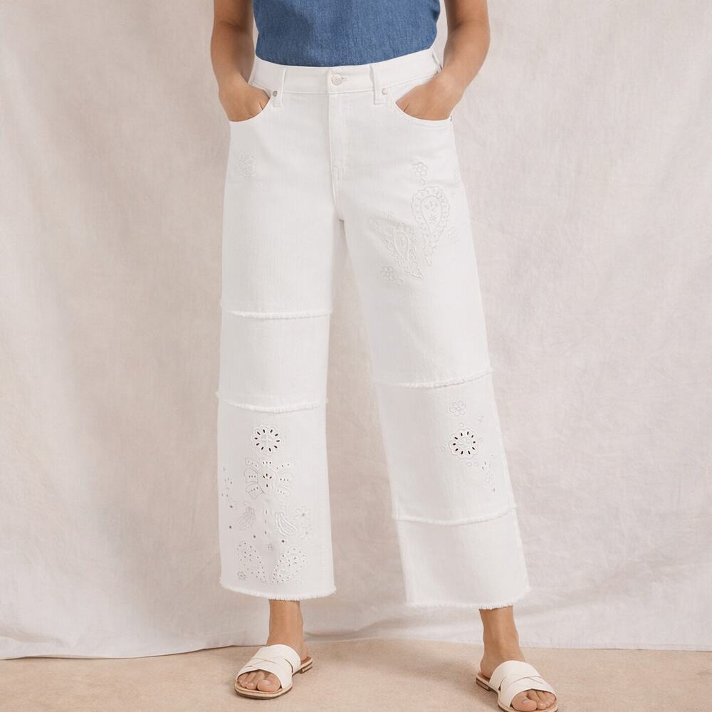 Talbots Pieced Embroidered Crop Wide Leg White Jeans Size 2P